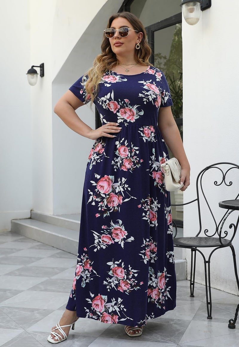 Nemidor Plus Size Maxi Dresses for Curvy Women Summer Casual Loose Short Sleeve Long Beach Dress with Pocket(149,24,143NavyPrint) - Image 5